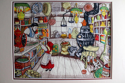 Old-Fashioned Country Store Crewel Embroidery Piece, "Penny Candy" Completed Stitchery, Vintage Paragon Needlecraft, Outstanding Needlework