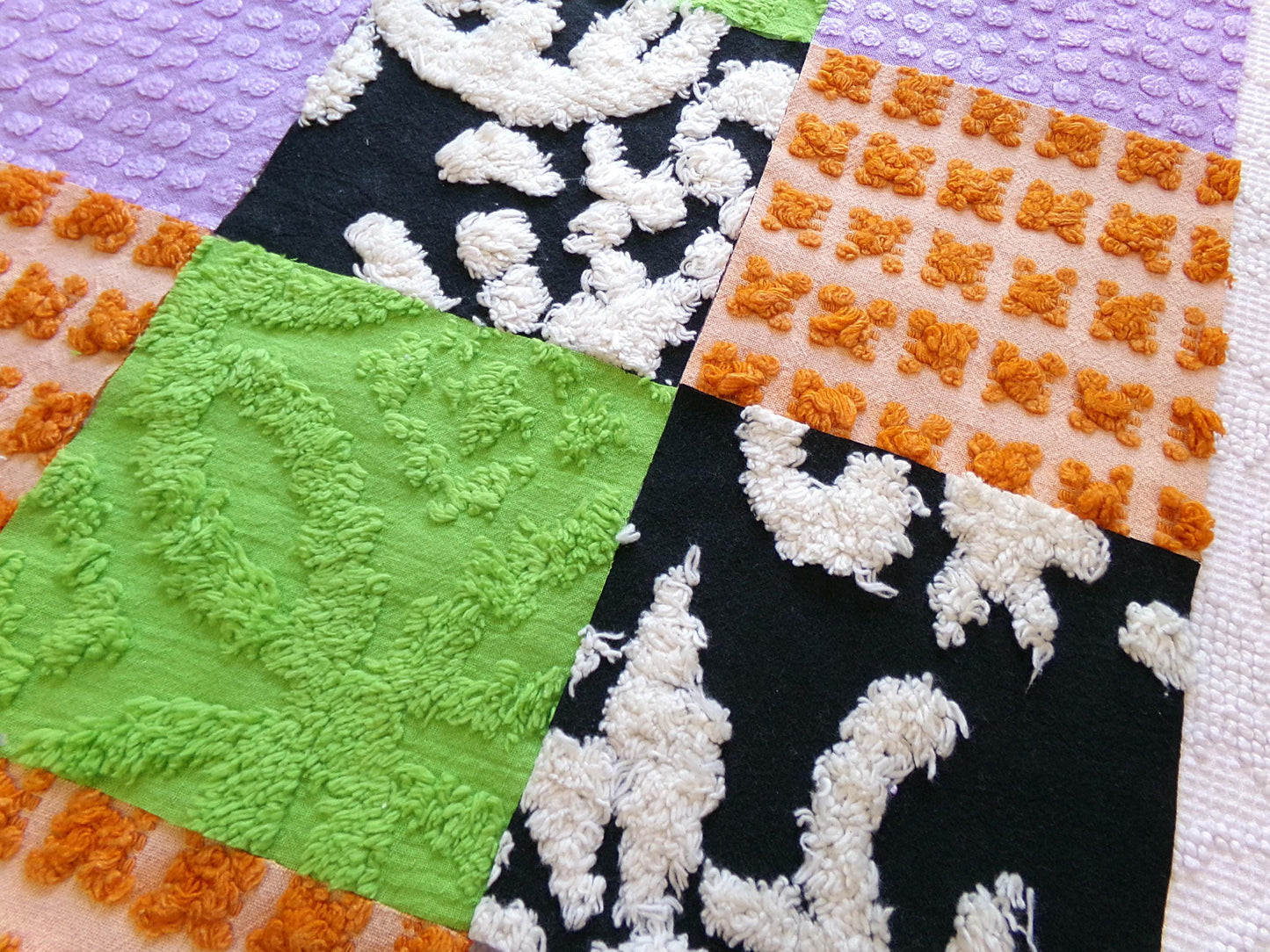 boho witchy vintage chenille fabric squares, set of 16 spellbinding 6" blocks for crafts, sewing in orange, black, green & lavender