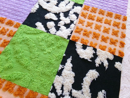 boho witchy vintage chenille fabric squares, set of 16 spellbinding 6" blocks for crafts, sewing in orange, black, green & lavender