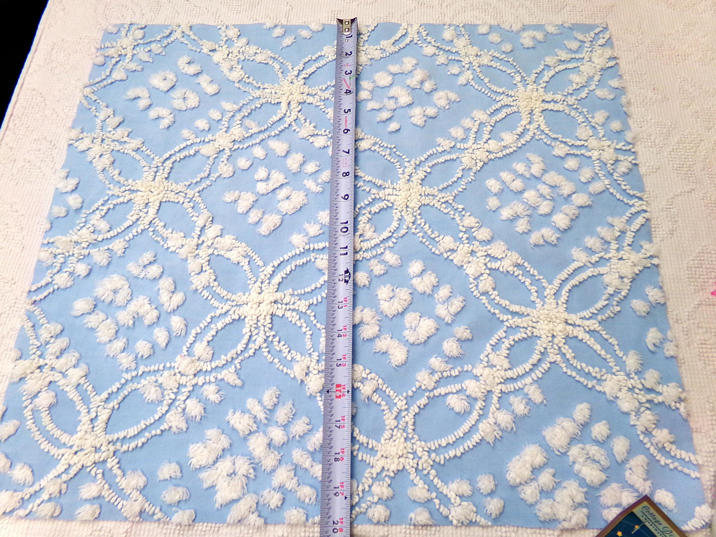 shabby beach chic vintage chenille fabric, 19" x 21" piece w/ snow white pops & links on sky blue cotton