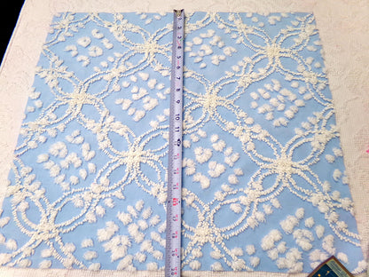 shabby beach chic vintage chenille fabric, 19" x 21" piece w/ snow white pops & links on sky blue cotton