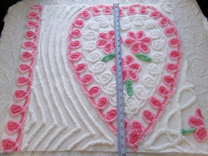 pink heart vintage chenille fabric, shabby cute rose trio on white, 24" x 23" piece of sewing material for pillows, quilts, wall hanging