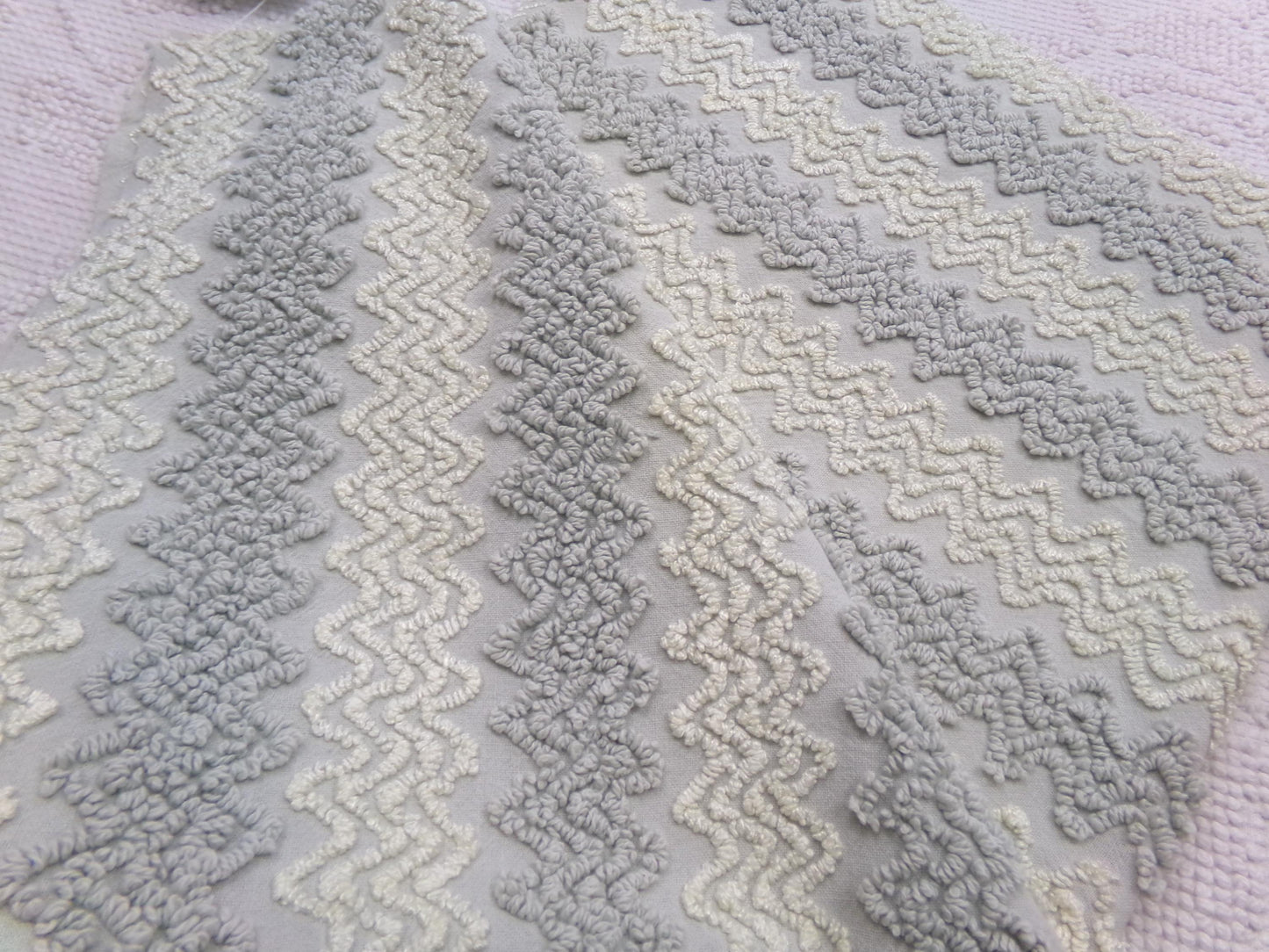 modern grey & white vintage chenille fabric, textured zig zag design, 21" x 18" unique piece of quilt material
