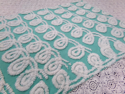 Soothing White Curly Loops Jade Vintage Chenille Bedspread Fabric 15" x 19" Piece
