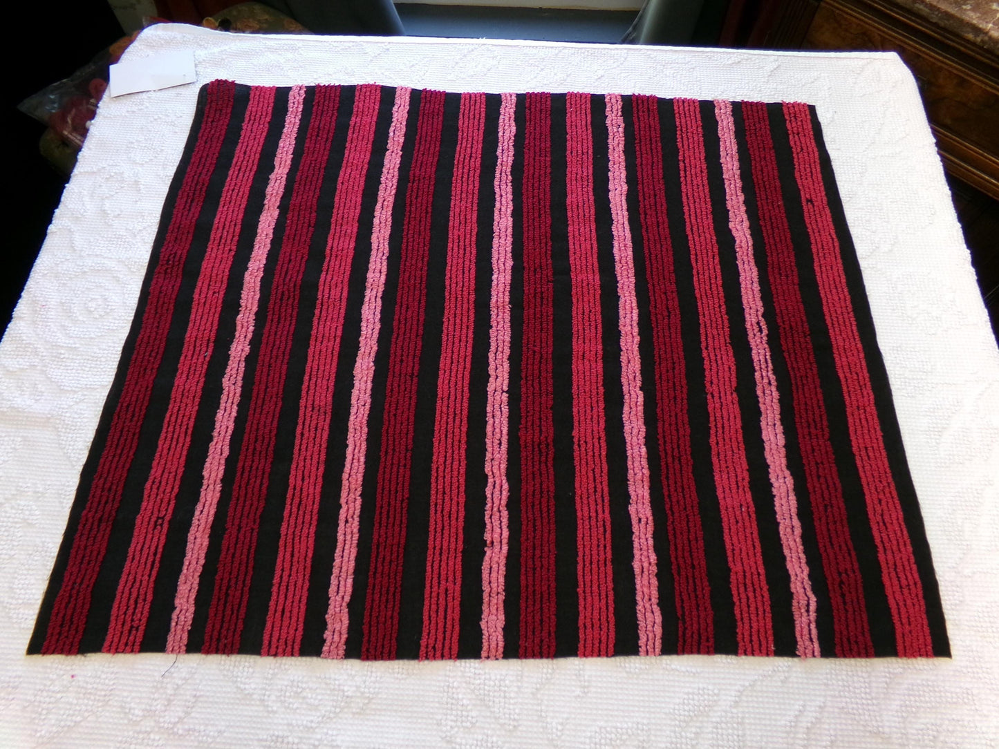 Pink on Black Stripes Vintage Chenille Fabric in Multisize Striped Pattern, 20" x 24" Piece, Shabby Chic Lightweight Cotton