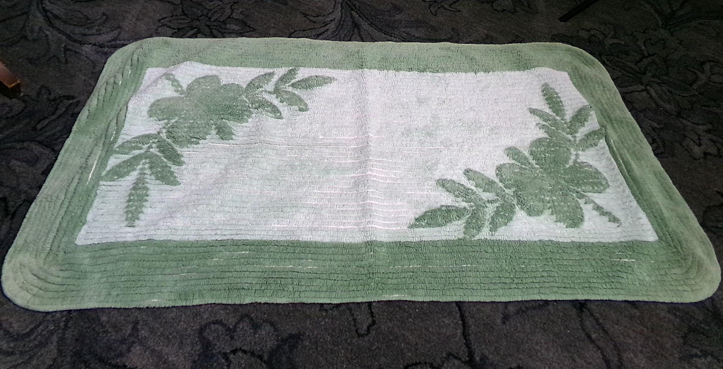 Vintage Green Chenille Rug, Shabby Botanical Leaf Cotton Accent Mat 21.5" x 39.5"