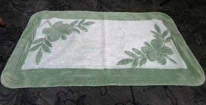 Vintage Green Chenille Rug, Shabby Botanical Leaf Cotton Accent Mat 21.5" x 39.5"