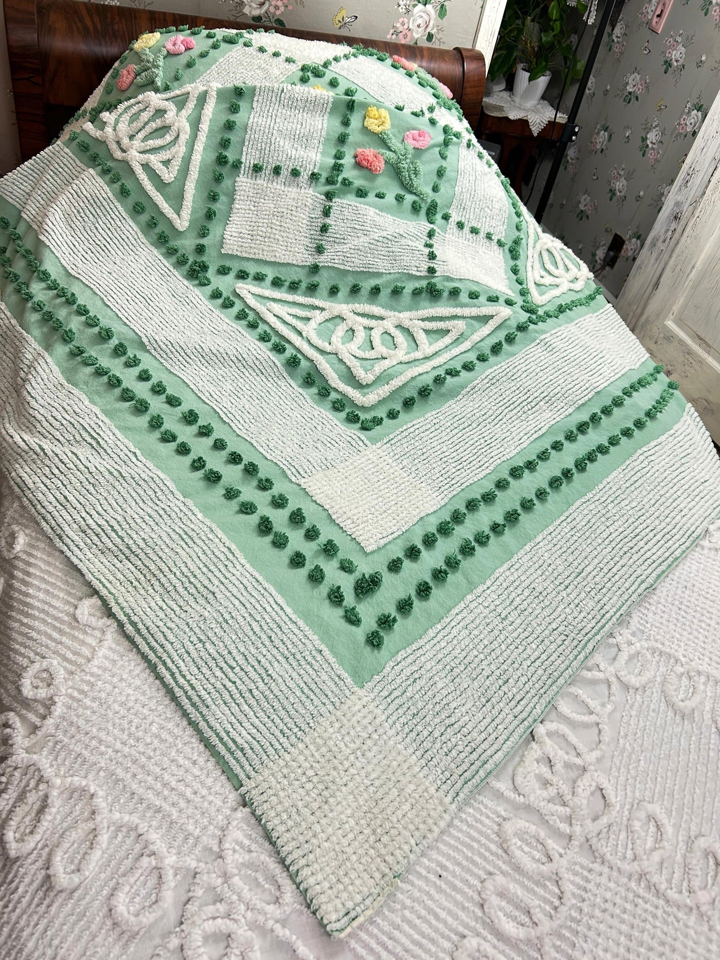 Mint Green Floral Vintage Chenille Bedspread, Cottage Garden Trellis Flowers, Full