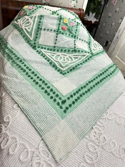 Mint Green Floral Vintage Chenille Bedspread, Cottage Garden Trellis Flowers, Full