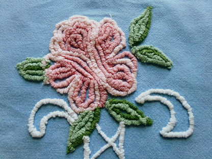 shabby cottage rose vintage chenille fabric, blue white floral sewing material, 15" x 30" piece