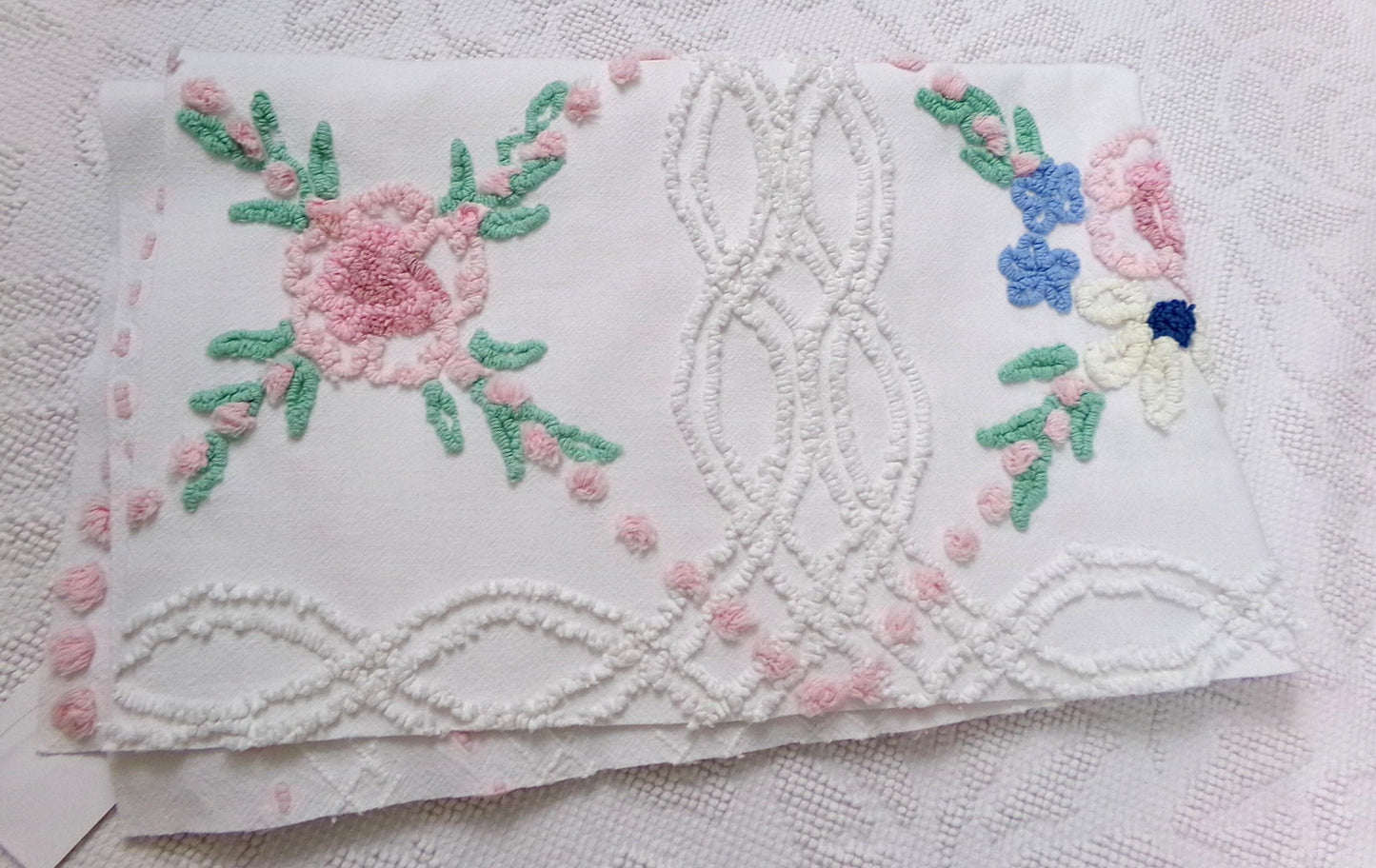 Shabby Wildflowers Vintage Chenille Fabric, pink rose floral sewing material, 20" x 32"