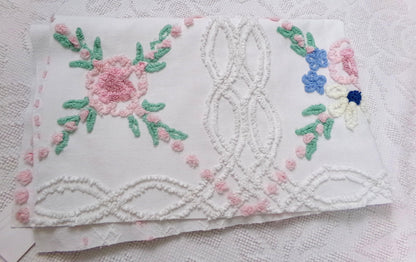 Shabby Wildflowers Vintage Chenille Fabric, pink rose floral sewing material, 20" x 32"