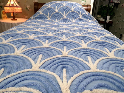 White & Blue Vintage Chenille Bedspread, Tidal Waves, Full Sz Shabby Seaside Cottage Style