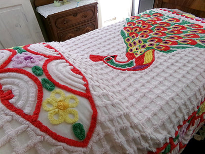 Sprawling Peacock Vintage Chenille Bedspread, Boho Red Green & White Cotton Full Size