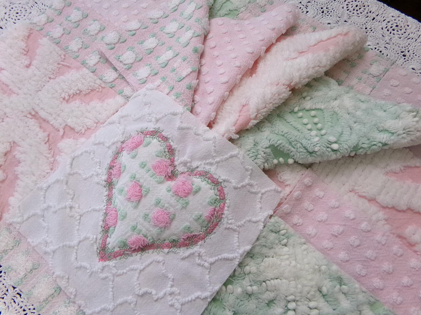 Vintage Chenille Quilt Squares, Pink Green, White 6" Fabric Blocks, Set of 17 for Quilting & Crafts