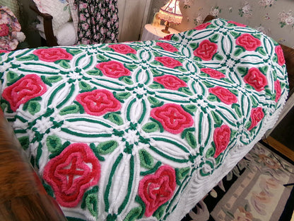 Shabby Rose Vintage Chenille Bedspread Tufted White Full Size 100% Cotton Bedding