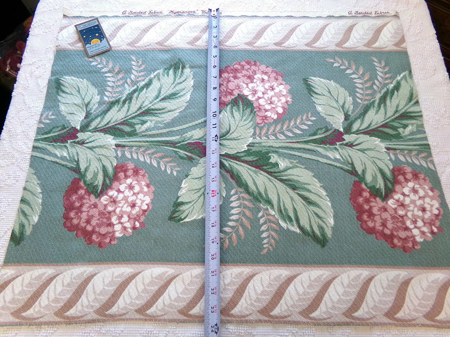 Vintage Style Hydrangea Barkcloth Fabric Piece, 27" x 23" inches, Pink Floral on Green, Great for Shabby Chic Pillows