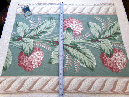 Vintage Style Hydrangea Barkcloth Fabric Piece, 27" x 23" inches, Pink Floral on Green, Great for Shabby Chic Pillows