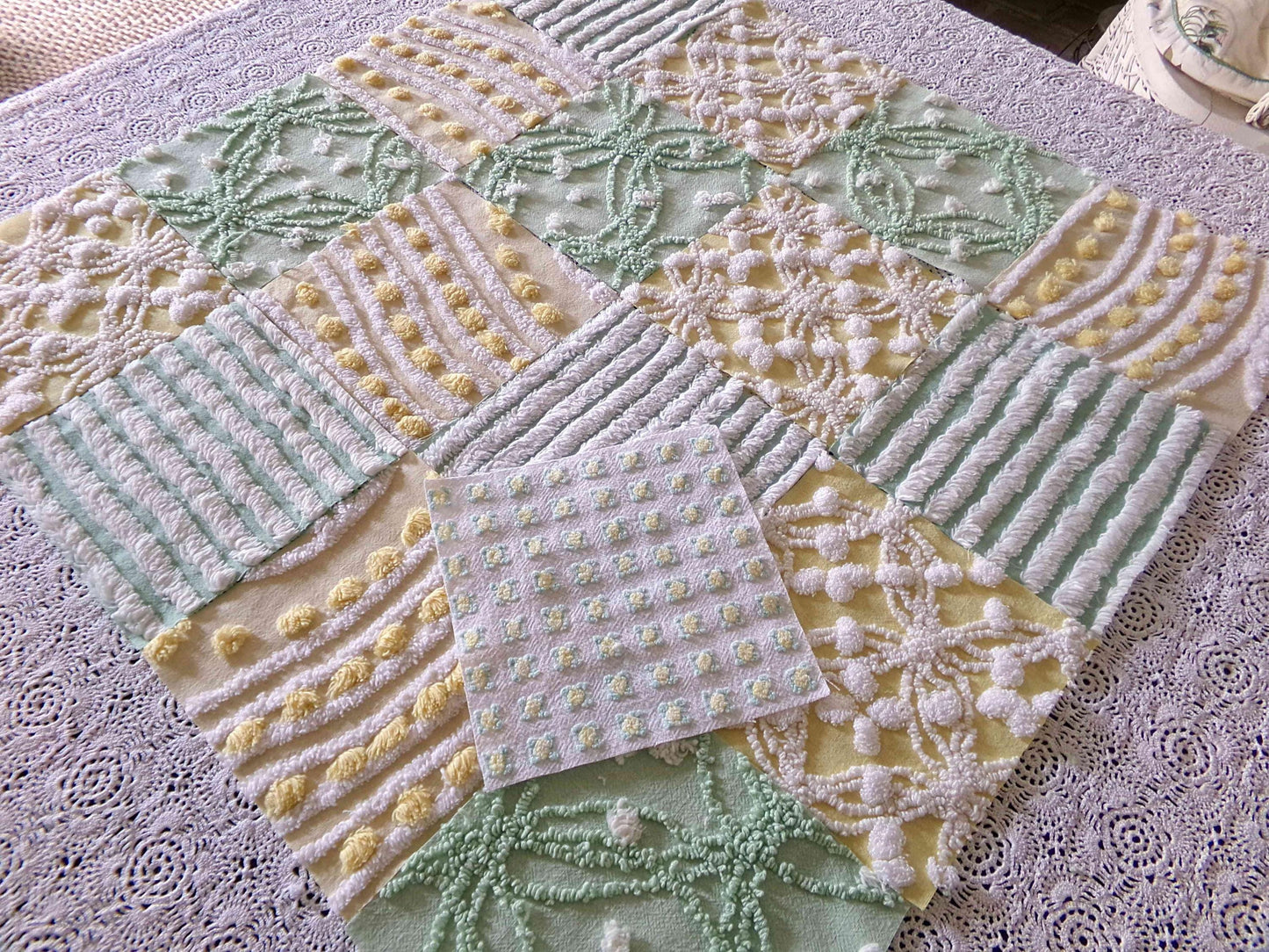 Fern & Flora Vintage Chenille Fabric Squares Set of 17 Blocks, 6" inch ea, Cheery Stripes, Dots Geometric Designs