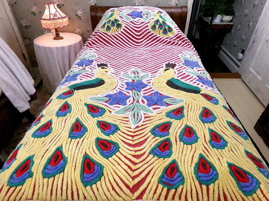 vintage red peacock chenille bedspread, twin or full size