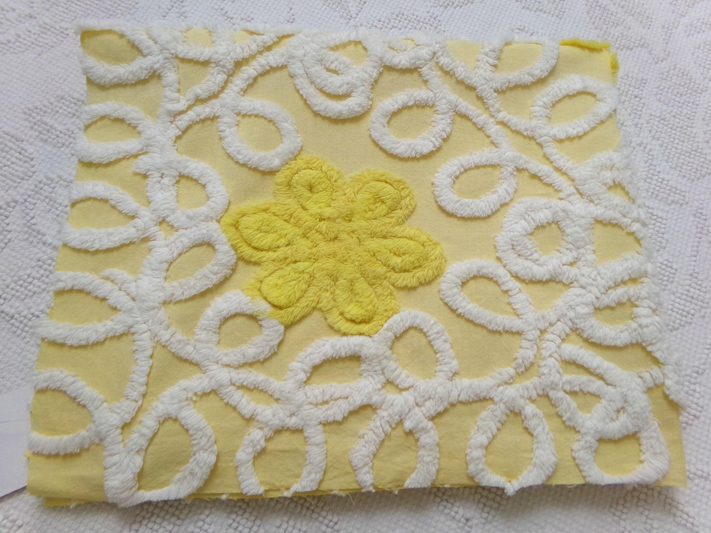 Sunny Yellow Daisy Vintage Chenille Fabric, White Swirl Sewing Quilt Material, 20" x 24"