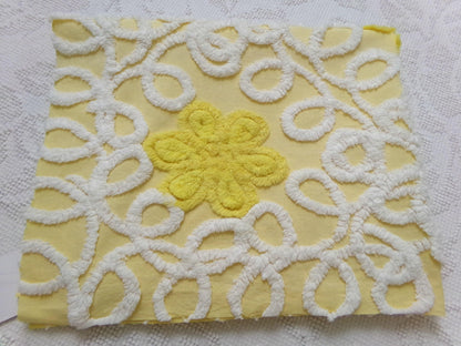Sunny Yellow Daisy Vintage Chenille Fabric, White Swirl Sewing Quilt Material, 20" x 24"
