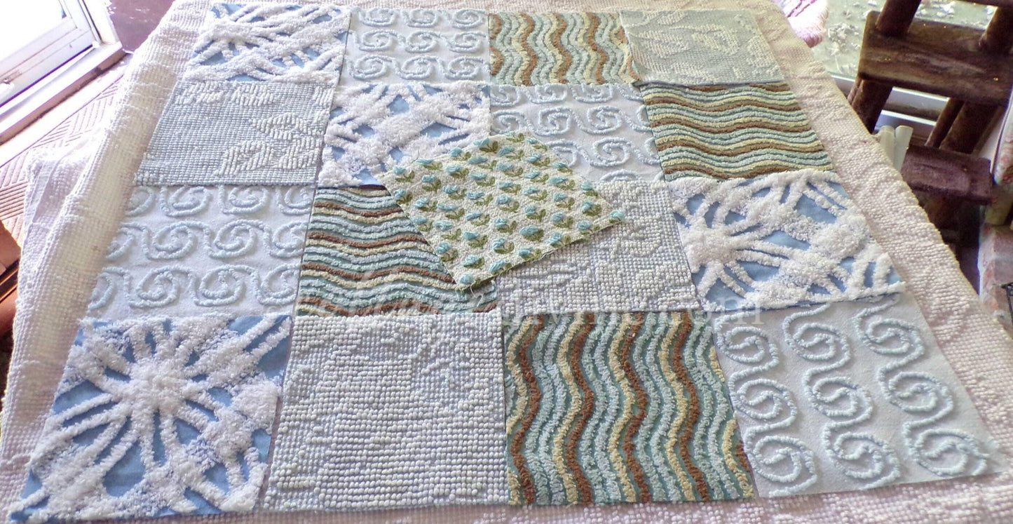 Breezy Blues Vintage Chenille Fabric Squares, Set of 17 Quilt Blocks, 6" x 6" inch, for Slow Stitching, Junk Journals, Quilting