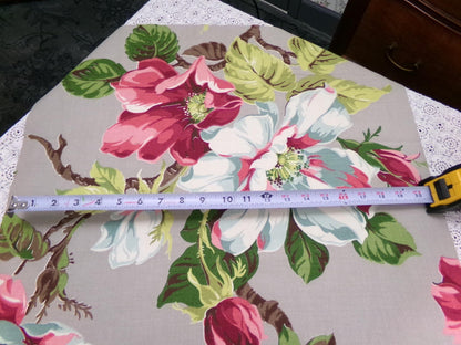 Vintage Barkcloth Fabric 1940s Pink Aqua Magnolia Floral Gray Mid-Century, 21" x 33"