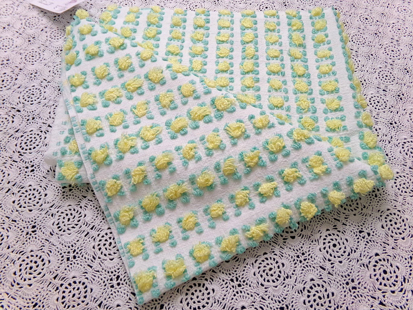 Cottage Rosebud Vintage Chenille Fabric Bouncy Bright Yellow Roses 18x24"