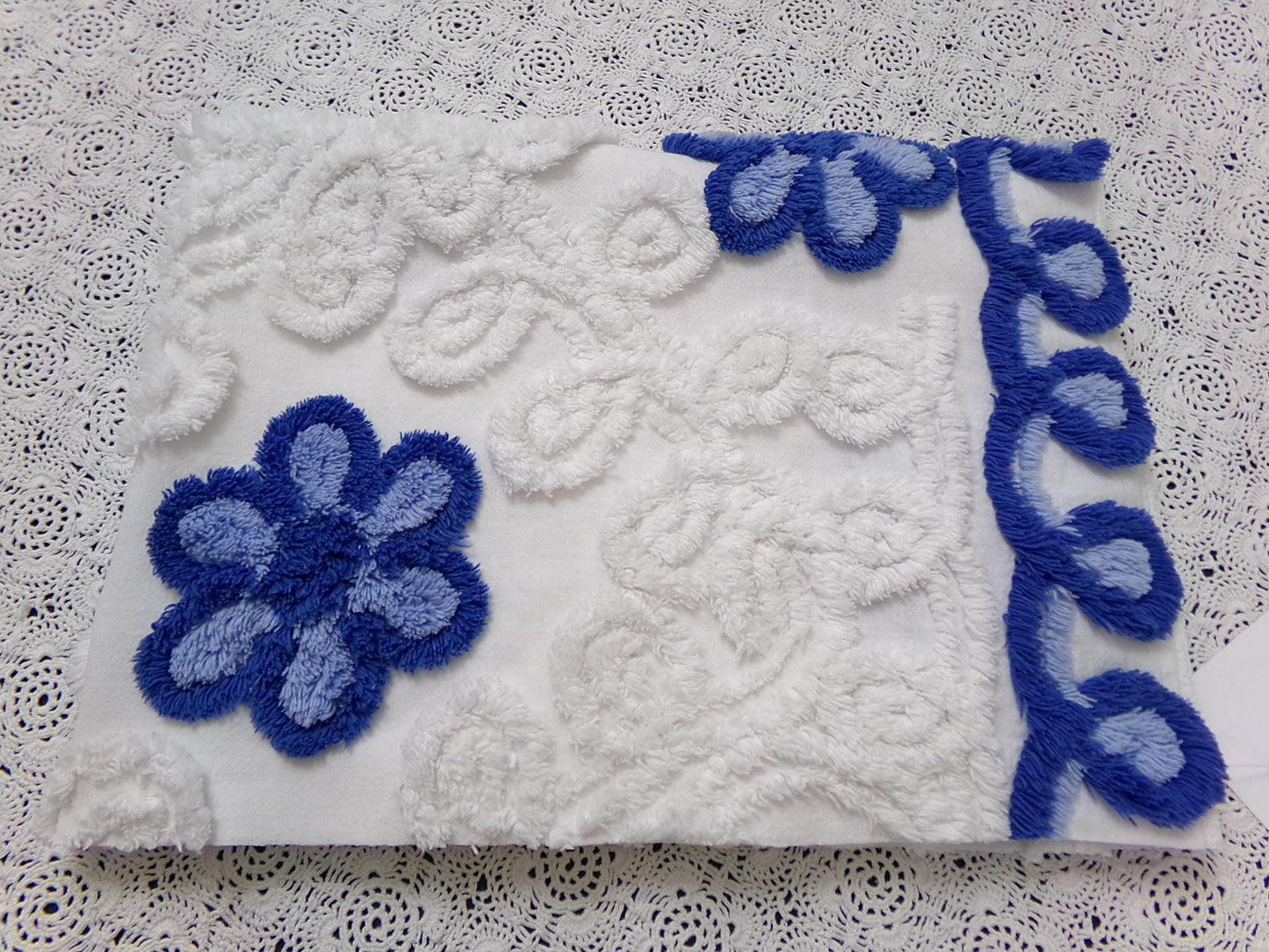 Vintage Chenille Bedspread Fabric, Plush Blue Flowers White Curlicues, 20x26" Piece