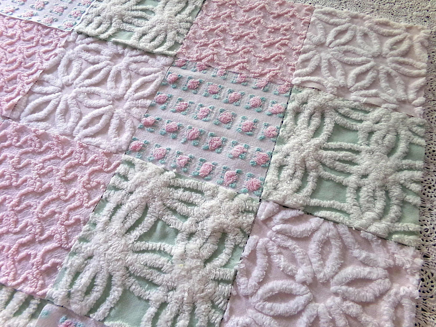 Chenille Squares Set, "Flower Petals," 16 Vintage Fabric Quilt Blocks, 6" inch in White Daisy, Pink Rosebud, Mint Green, Squiggles