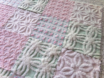 Chenille Squares Set, "Flower Petals," 16 Vintage Fabric Quilt Blocks, 6" inch in White Daisy, Pink Rosebud, Mint Green, Squiggles