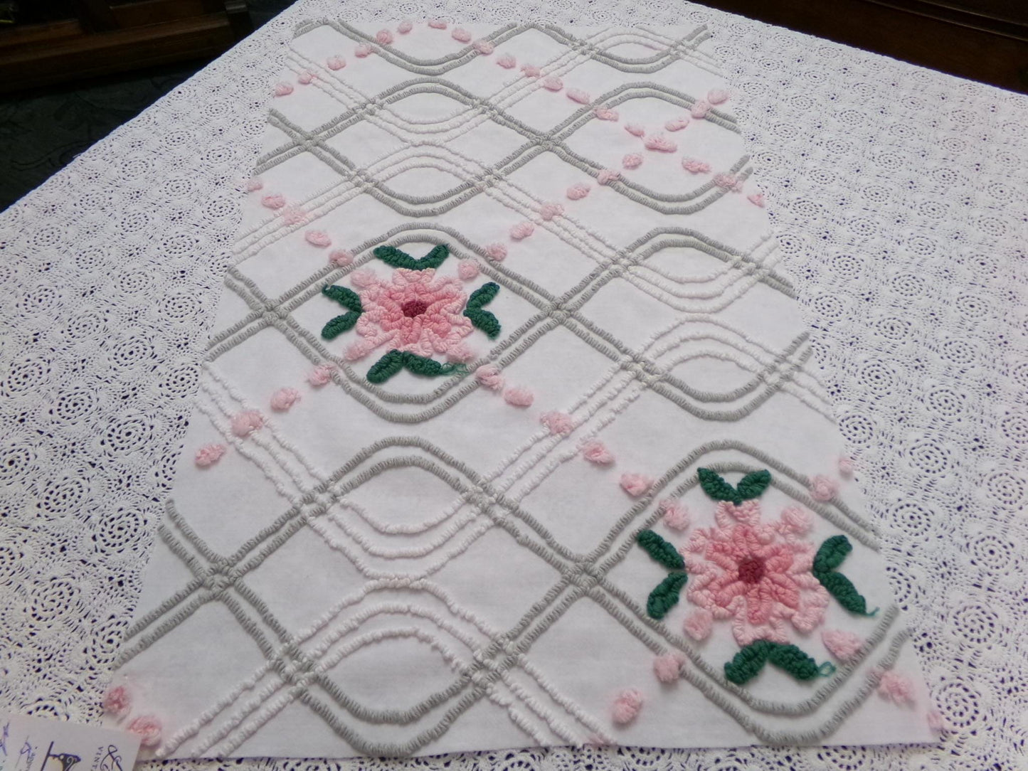 Dove Grey Pink Rose Vintage Chenille Bedspread Fabric Quilt Sewing Material 15" x 24"
