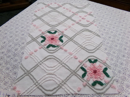 Dove Grey Pink Rose Vintage Chenille Bedspread Fabric Quilt Sewing Material 15" x 24"
