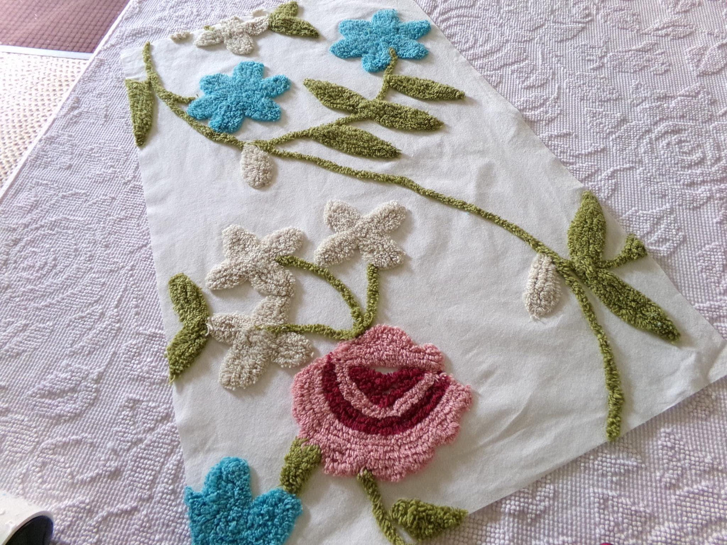 wild rose vintage chenille fabric, sewing material for floral appliques, quilts 15" x 26"