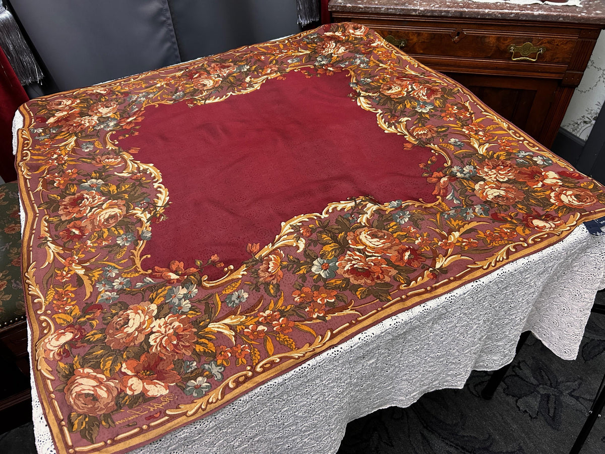 Vintage Ralph Lauren Silk Scarf Burgundy Wine Rose Floral Baroque Scroll Border