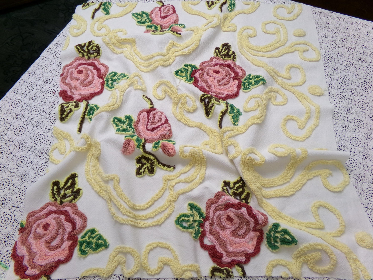 Shabby Pink Rose Vintage Chenille Fabric Dramatic Scrollwork Sewing Quilt Material 25" x 23"