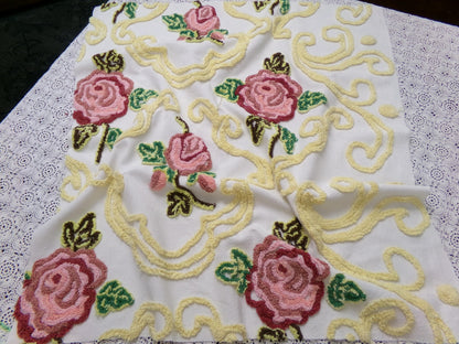 Shabby Pink Rose Vintage Chenille Fabric Dramatic Scrollwork Sewing Quilt Material 25" x 23"