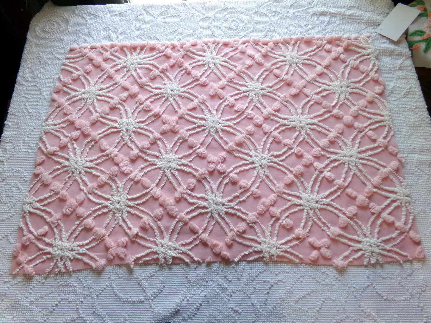 feminine pink vintage chenille bedspread fabric 18" x 24"quilt material