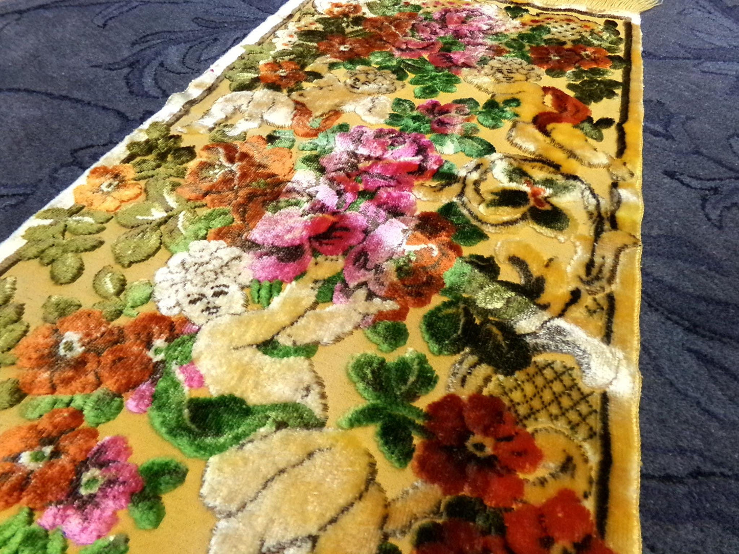 Vintage Cut Velvet Spotlight Shadow Angel Floral Tapestry Panel Fringed Cherub Wall Hanging or Rug 19"x38.5"