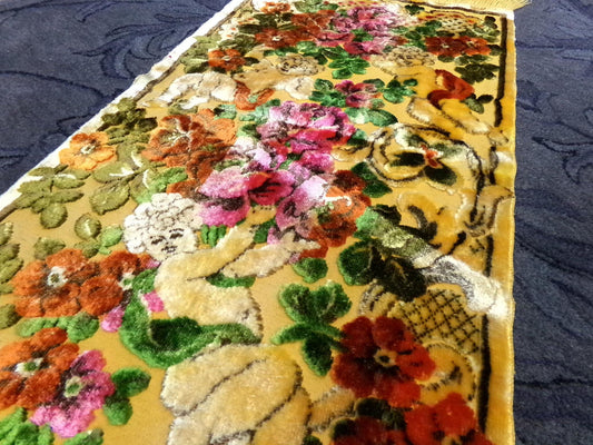 Vintage Cut Velvet Spotlight Shadow Angel Floral Tapestry Panel Fringed Cherub Wall Hanging or Rug 19"x38.5"