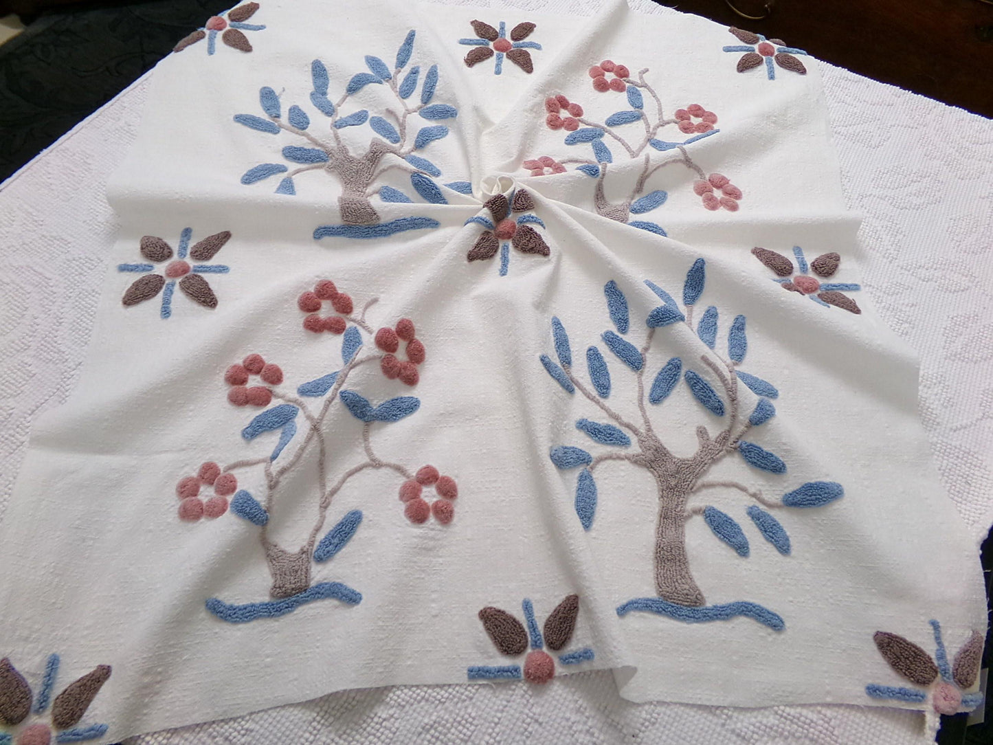 Vintage Bohemian Chenille Fabric - Natural Woodland Tree Floral & Star Design, 28" x 29"