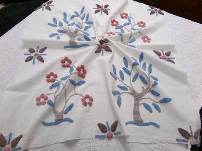 Vintage Bohemian Chenille Fabric - Natural Woodland Tree Floral & Star Design, 28" x 29"