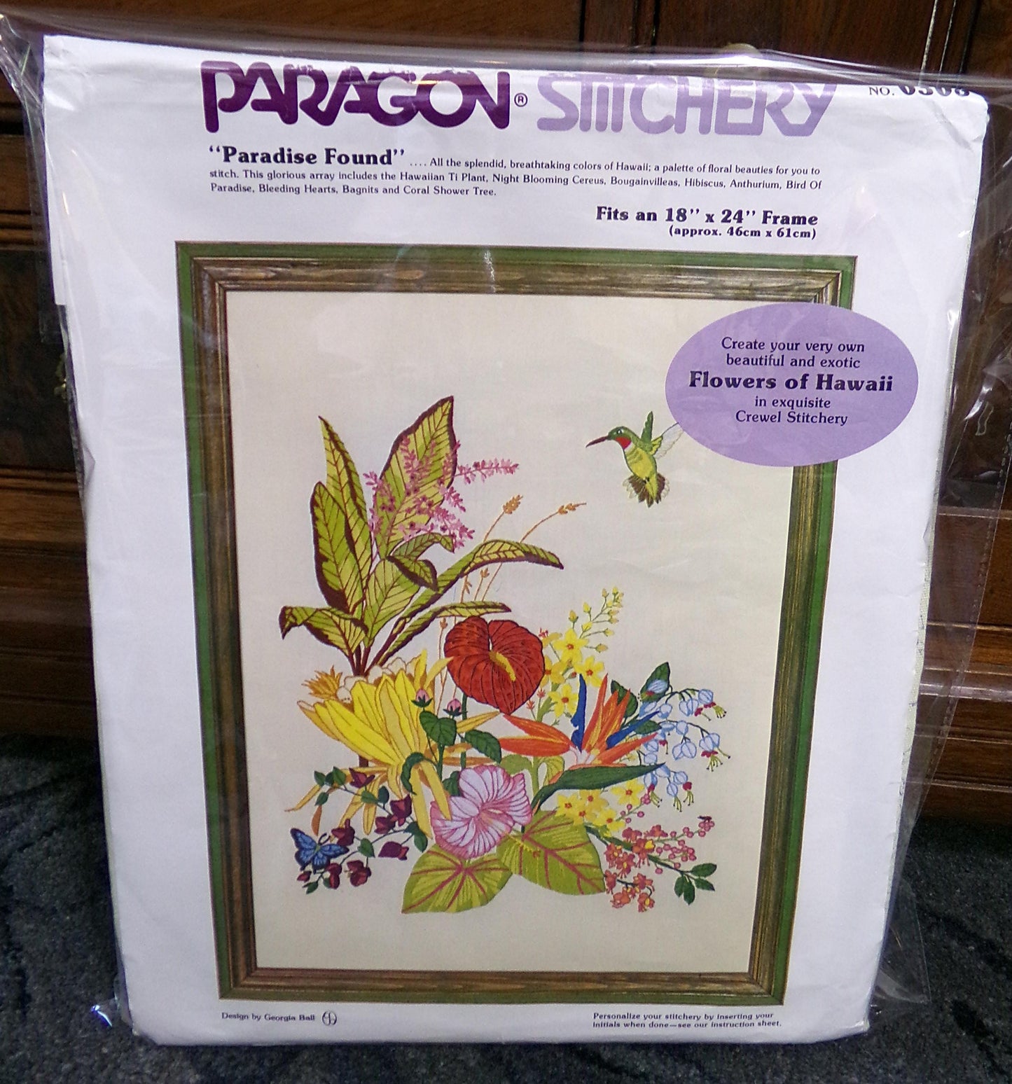 PARADISE FOUND Vintage Crewel Embroidery Kit, Flowers of Hawaii Tropical Hummingbird Paragon 0308 Stitchery Wall Hanging