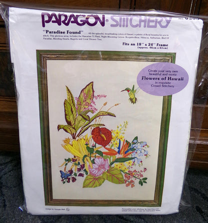 PARADISE FOUND Vintage Crewel Embroidery Kit, Flowers of Hawaii Tropical Hummingbird Paragon 0308 Stitchery Wall Hanging