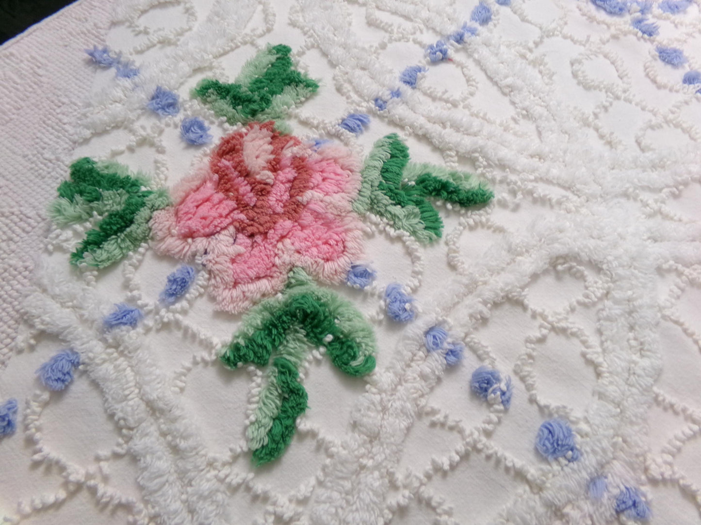 shabby cottage vintage chenille fabric, pink rose quilt material, 22" x 25" piece