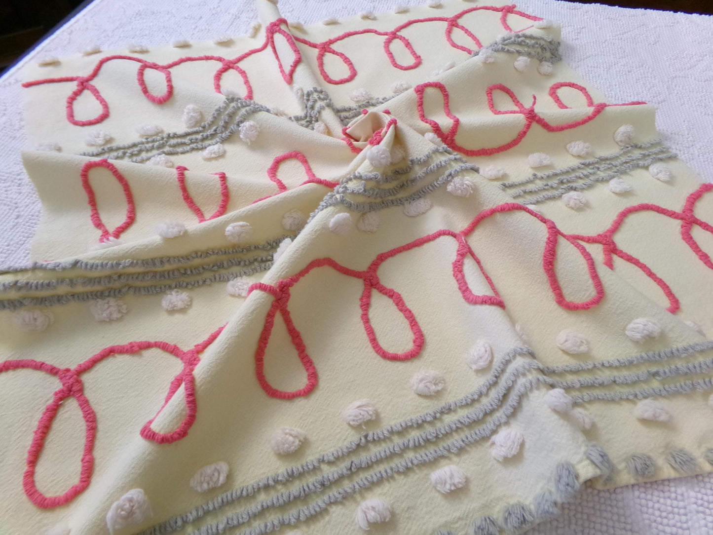 red doodles vintage chenille bedspread fabric, unique quilt & sewing material, 24" x 24" piece