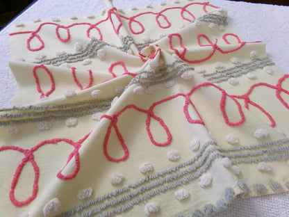 red doodles vintage chenille bedspread fabric, unique quilt & sewing material, 24" x 24" piece