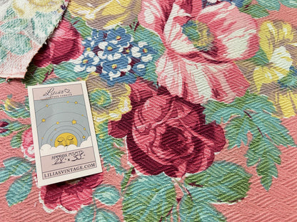 Cabbage Rose Vintage Barkcloth Fabric, Mauve Pink 28x33" Quilt & Craft Panel