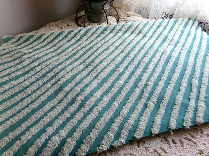 eyecatching plush stripes vintage chenille fabric, tonal green diagonal striped lines, 22" x 25" inch piece of sewing quilt material